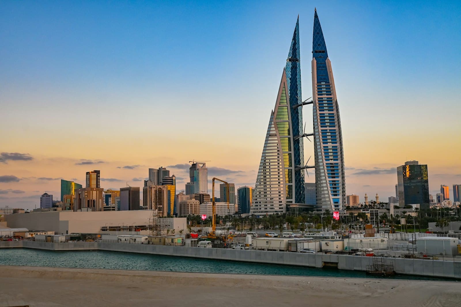 The Bahrain World Trade Center at sunset in Manama