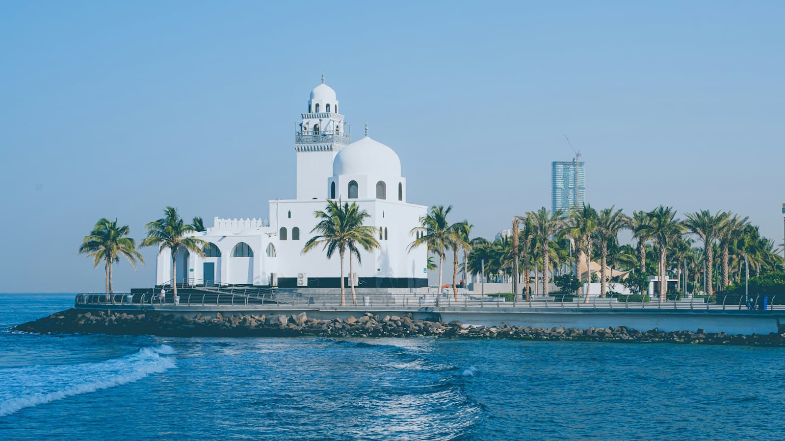 The white floating mosque on the Red Sea coast in Jeddah